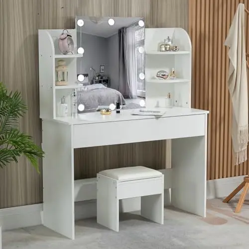 Produktbild: Thanaddo Schminktisch mit Beleuchtung, Spiegel, Hocker, Schublade & 4 Ablagefächern, 105 x 40 x 140 cm, Frisiertisch, Modern Kosmetiktisch, Weiß