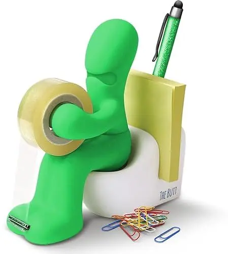 Produktbild: THE BUTT - Klebefilm-Abroller und Bürobedarf-Station - Schreibtisch-Accessoire - Origineller Schreibtisch-Organizer mit Briefklammern, Haftnotizzetteln und einem Stift - Ein ideales Geschenk (Grün)