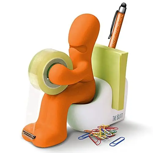 Produktbild: THE BUTT - Klebefilm-Abroller und Bürobedarf-Station - Schreibtisch-Accessoire - Origineller Schreibtisch-Organizer mit Briefklammern, Haftnotizzetteln und einem Stift - Ein ideales Geschenk (Orange)