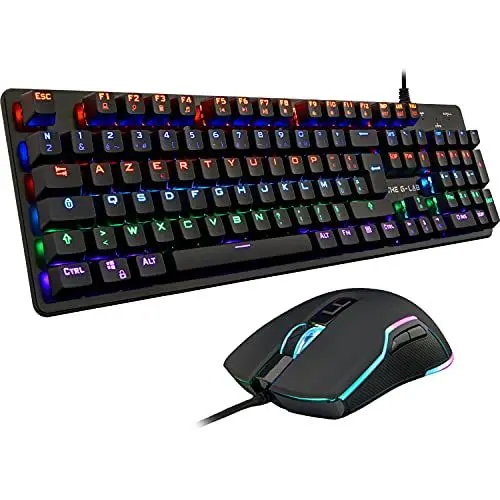 Produktbild: THE G-LAB Combo Carbon RGB Gaming Tastatur Mouse Pack – Mechanische Gaming-Tastatur mit LED-Hintergrundbeleuchtung, Blaue Schalter, Deutsch QWERTZ + RGB-Gaming-Maus 6 Tasten 7200DPI