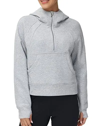Produktbild: THE GYM PEOPLE Damen Hoodie Kapuzenpullover Halber Reißverschluss Langarm Fleece Crop Pullover Sweatshirts mit Taschen Daumenloch
