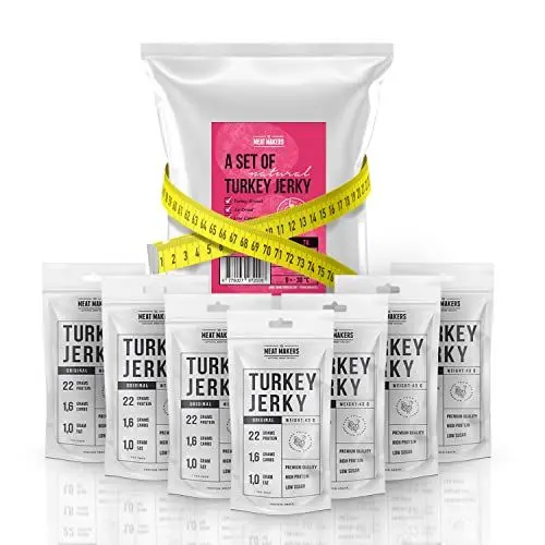 Produktbild: THE MEAT MAKERS 100% Turkey Jerky 7x40 g Protein-Shake-Ersatz Ideal für das Büro, das aktive Leben, nach dem Training. Gesunde Snacks Kalorienarme Lebensmittel Trockenfleisch gesunde Ernährung