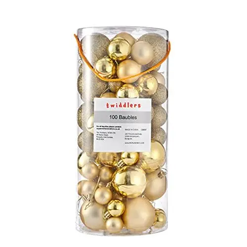 Produktbild: THE TWIDDLERS - 100 Goldene Christbaumkugeln, Weihnachtskugeln in Verschiedenen Größen mit Matt & Glitzer - Christbaumschmuck Weihnachtsbaum Deko