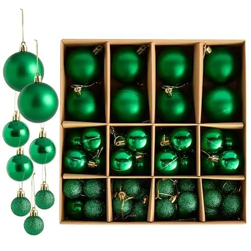 Produktbild: THE TWIDDLERS – 50-Pack Grüne Weihnachtskugeln - Verschiedene Größen und Oberflächen - 6cm, 4cm, 3cm - Matt, Glänzend und Glitzernd für Baumdekoration