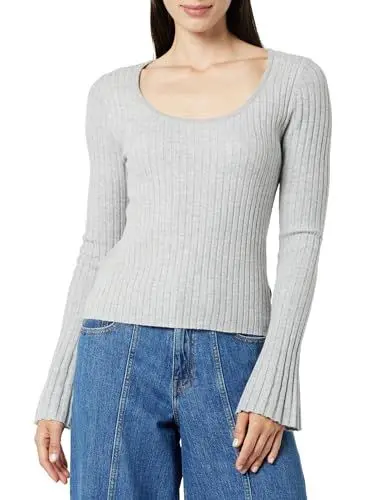 Produktbild: The Drop Beatrice Pullover mit Glockenärmeln und Rundhalsausschnitt für Damen, Silbergrau, L