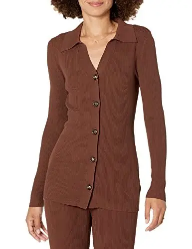 Produktbild: The Drop Constance Ripp-Pullover mit Knopfleiste für Damen, Schokobraun, Größe M