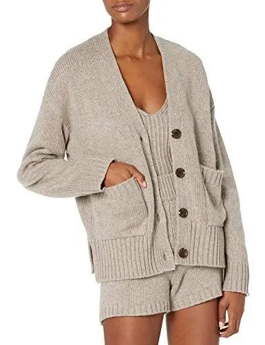 Produktbild: The Drop Damen Brigitte Cardigan mit großen Knöpfen und Taschen vorn, gerippt, Heather Mushroom, S