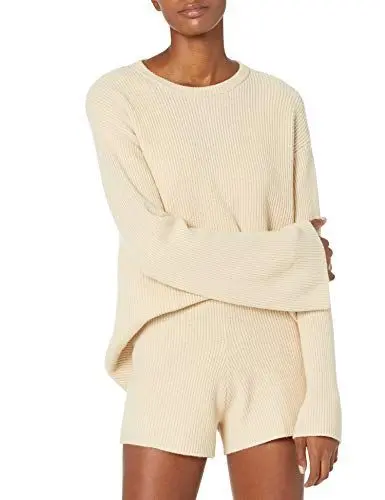 Produktbild: The Drop Damen Gerippter Pullover mit Rundhalsausschnitt und Rückenschlitz (in Übergröße erhältlich), Crème Brûlée, XXS