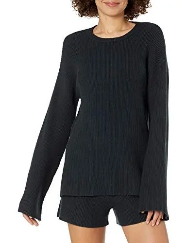 Produktbild: The Drop Damen Gerippter Pullover mit Rundhalsausschnitt und Rückenschlitz (in Übergröße erhältlich), Schwarz, XS