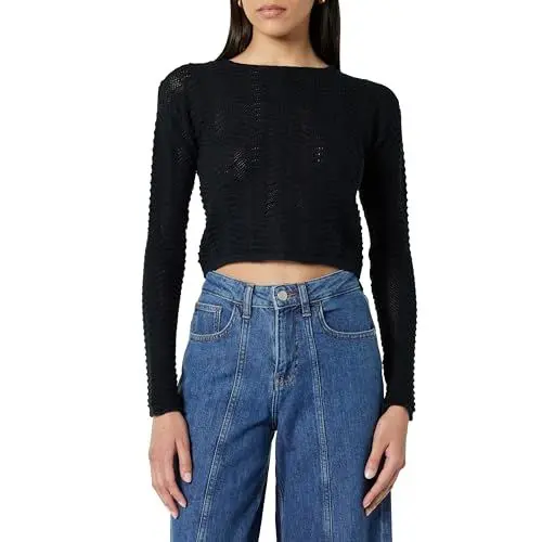 Produktbild: The Drop Damen Makayla Crochet Dropped Shoulder Cropped Pullover, Schwarz, XXL