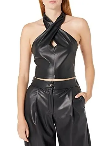 Produktbild: The Drop Gage Neckholder-Top aus veganem Leder mit gedrehter Vorderseite Blusen, Schwarz, M