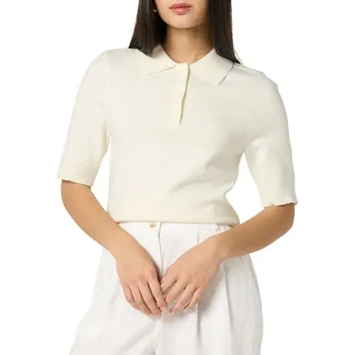 Produktbild: The Drop Gero Short Sleeve Splitneck Polo Sweater Tee Pullover, Elfenbein, S