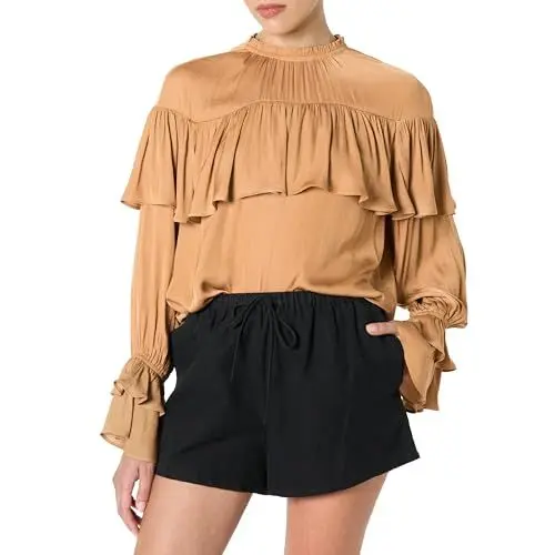 Produktbild: The Drop Miriam Feminine Ruffle Yoke Shine Blouse Blusen, Kamelbraun, S