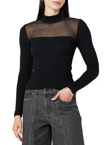 Produktbild: The Drop Women's Oberteil Emilia mit Stehkragen und Netzeinsätzen, Schwarz, M