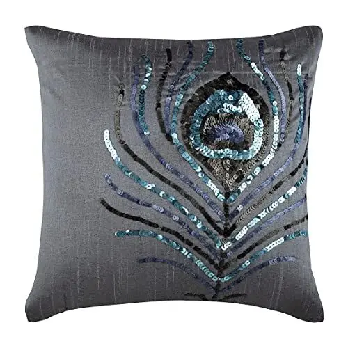 Produktbild: The HomeCentric Handgefertigt Kissenbezuge 2 Stück, 55x55 cm, Silber Dekorative Kissenbezug, Pailletten Pfau - Feder Kissen Decken Art Silk Platz Kissenbezuge, Blumen Art Deco Werfen - Peacock Feather