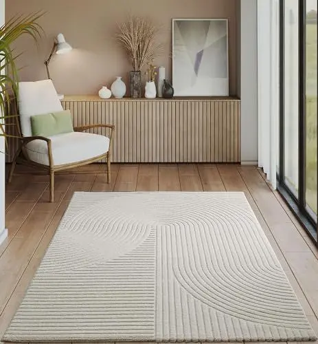 Produktbild: the carpet Everest - moderner Kurzflor Teppich Wohnzimmer Schlafzimmer mit Hoch-Tief-Effekt, 3D Effekt, hohe Flordichte und angenehm weich, Panglao Design, Creme, 80 x 150 cm