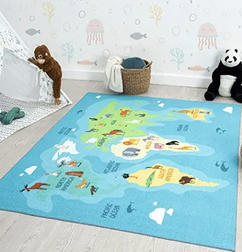 Produktbild: the carpet Happy Life Kinderzimmer, Kinderteppich, Spielteppich, Waschbar, Weltkarte, Erde, Tiere, Blau, 120 x 160 cm