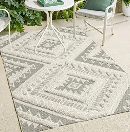 Produktbild: Karel In & Outdoor Teppich Wetterfest - Hochwertiger Balkon Boho Teppich Mit Geometrischem Muster - Creme, 80 x 150 cm, Aus Polypropylen