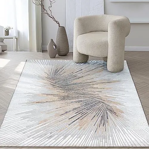 Produktbild: the carpet Mila - moderner Kurzflor Teppich, Wohnzimmer, Schlafzimmer, Eleganter Glanz, Glanzfaser, Hoch-Tief Effekt, Grau Creme, 120 x 170 cm
