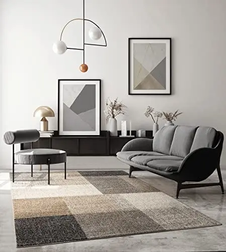 Produktbild: the carpet Pearl Moderner Dichter Kurzflor Wohnzimmer Schlafzimmer Teppich, Konturenschnitt, Geometrische Muster, Kariert, Beige, 140 x 200 cm