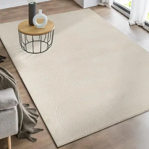 Produktbild: the carpet Rio - moderner und weicher Teppich Wohnzimmer Schlafzimmer mit Anti-Rutsch-Rücken und 3D-Optik, Flauschige Oberfläche, pflegeleicht und robust, Creme, 120 x 160 cm