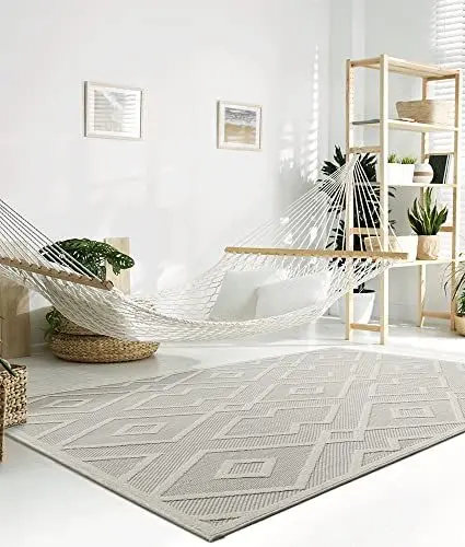 Produktbild: the carpet Santo Outdoor Teppich wetterfest - hochwertiger Balkon Teppich Creme - Boho Teppich mit Raute-Muster in 80 x 150 cm aus Polypropylen