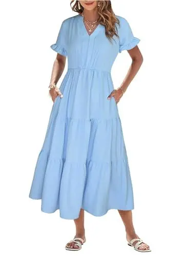 Produktbild: Theenkoln Sommerkleid Damen Lang V-Ausschnitt Kurzarm Strandkleid Einfarbig Rüschen Midikleid Freizeitkleider mit Taschen Himmelblau M
