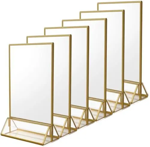 Produktbild: Thekenaufsteller A5 Bilderrahmen Gold 6 Stück, Goldenes Seitenklares Acryl Tischaufsteller T-Aufsteller Werbeaufsteller für Hochzeitsparty (14,8 x 21,0 cm)