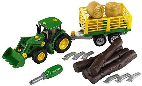 Produktbild: Theo Klein 3906 John Deere Traktor mit Holz- und Heuwagen I Schraubset inkl. Schraubendreher I Maße: 47 cm x 10,50 cm x 12 cm I Spielzeug für Kinder ab 3 Jahren