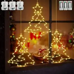 Produktbild: Therlan 3 Stück Weihnachtsdeko Fenster Beleuchtet, 55 LEDs Fensterbild Beleuchtung LED Lichterkette Batterie 8 Beleuchtung Modi Mit Fernbedienung Für Weihnachten LED Fensterdeko Weihnachten Warmweißen