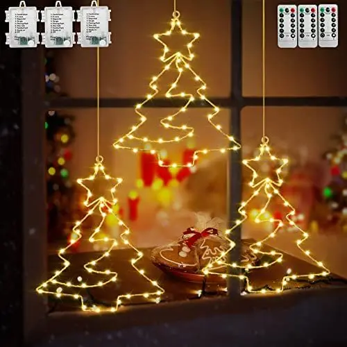 Produktbild: Therlan 3 Stück Weihnachtsdeko Fenster Beleuchtet, 55 LEDs Fensterbild Beleuchtung LED Lichterkette Batterie 8 Beleuchtung Modi Mit Fernbedienung Für Weihnachten LED Fensterdeko Weihnachten Warmweißen