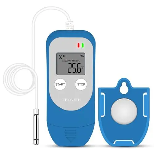 Produktbild: ThermElc TE-03 ETH Temperatur Luftfeuchtigkeit Logger hochpräziser digitaler Sonde, Genauigkeit bis zu ±0,3 °C, automatischer PDF-CSV-Bericht, LED-Warnlicht, ideal für die pharmazeutische Lagerung