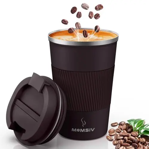 Produktbild: MOMSIV Thermos Kaffeebecher, Thermobecher, 380 ml, Edelstahl, rutschfest, doppelwandig, vakuumisoliert, auslaufsicher, mit Deckel, Reisebecher, tragbar, Braun