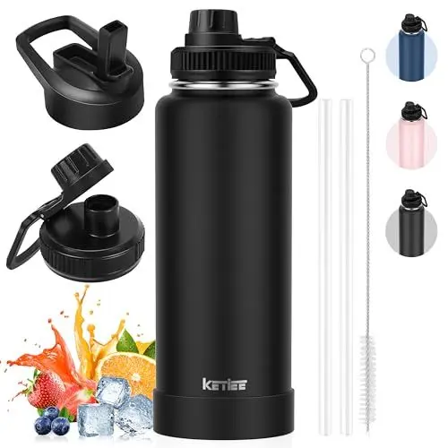 Produktbild: Thermobecher Kaffeebecher to Go 40oz, KETIEE Trinkflasche Edelstahl 1L Trinkflasche Sport mit Strohhalm 2 Deckel Auslaufsichere Wasserflasche BPA-Frei Thermosflasche Kaffeebecher Thermo, Schwarz