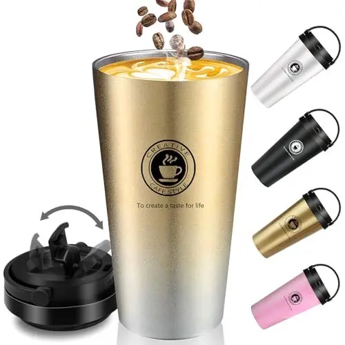 Produktbild: Thermobecher - Kaffeebecher to go aus Edelstahl - Doppelwandig Isoliert Thermo, Auslaufsicher - Isolierbecher mit Trinköffnung - 500ml Travel Mug - Coffee-to-go Becher für Kaffee & Tee(Farbverlauf)