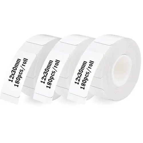 Produktbild: Thermo-Etikettenband, 12 x 30 mm Etiketten Papier, Etikettierpapier für Etikettendrucker, 7m wasserfeste Etiketten geeignet für Haus, Büro, Schule (Weiß, 540 Etiketten/3 Rolle)