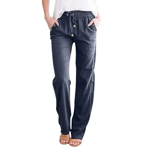 Produktbild: Thermohose Mit Gummizug Frauen Mode Einfarbig Baumwolle Flachs Elastische Lange Hosen Strand Freizeit Hosen Hosen Damen Weites Bein (Navy, XXXL)