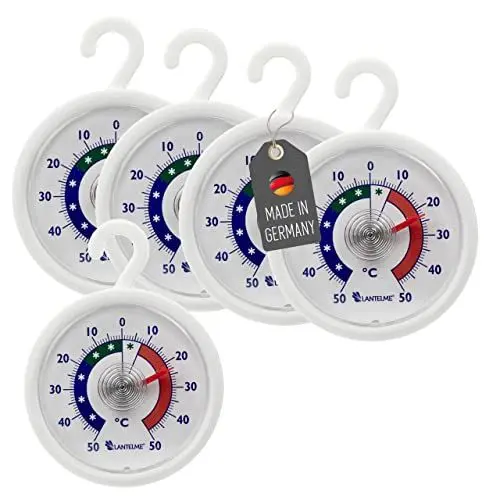 Produktbild: Lantelme 5 Stück Kühlschrankthermometer Set mit Haken zum aufhängen | Temperatur + - 50°C | auch für Gefrierschrank Gefriertruhe Kühltheke Weinschrank | Analog Kühlschrank Thermometer