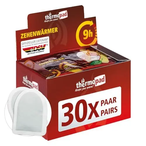 Produktbild: THERMOPAD Zehenwärmer – DAS ORIGINAL: 30 Paar Wärmepads für 8 Stunden Wärme I Sofort einsatzbereite Fußwärmer I Extra Warmer Fusswärmer – ideal für Outdoor-Aktivitäten & Ski-Schuhe I Fuss-Wärmekissen