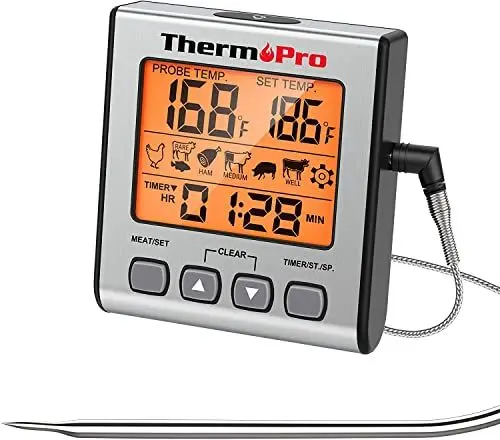 Produktbild: ThermoPro Digitales Fleischthermometer Grillthermometer Bratenthermometer Ofenthermometer mit Timer und Hinterbeleuchtung Temperaturbereich bis 300°C Küchenthermometer für BBQ Grill Smoker
