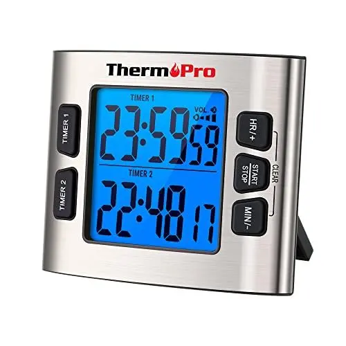 Produktbild: ThermoPro TM02 digitaler Küchentimer mit 2 Countdown-Stoppuhren Timer/Magnetuhr mit einstellbarem lautem Alarm und Hintergrundbeleucht mit großen LCD-Ziffern/24-Stunden-Anzeige für Kinder Lehrer