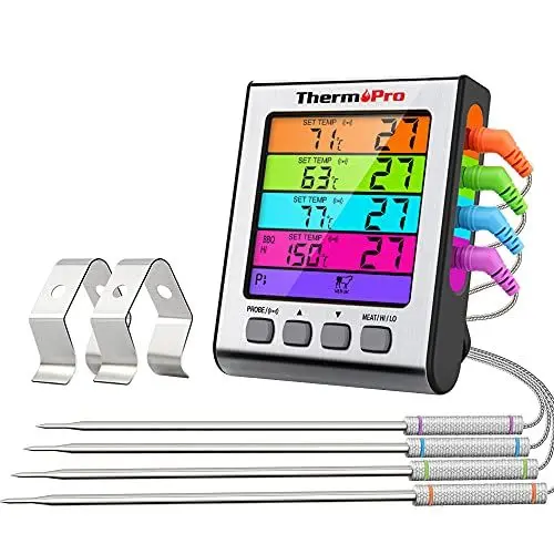 Produktbild: ThermoPro TP17H Digitales Grill-Thermometer Bratenthermometer Fleischthermometer Ofenthermometer mit 4 Edelstahlsonden, Blaue Hinterbeleuchtung, Weinthermometer Temperaturbereich bis 300°C