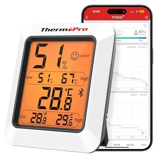 Produktbild: ThermoPro TP350 80m Bluetooth Thermometer Hygrometer Innen Temperatur und Luftfeuchtigkeitsmesser mit APP Datenexport für Innenraum, Büro, Weinkeller, Gewächshaus
