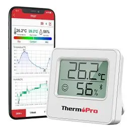 Produktbild: ThermoPro TP357 80m Bluetooth Hygrometer Innen Raumthermometer Digital mit APP Mini Luftfeuchtigkeitsmesser mit Smiley-Indikator Datengrafik für Innenraum, Büro, Weinkeller, Gewächshaus