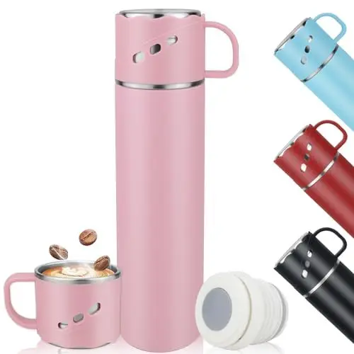 Produktbild: Thermoskanne Edelstahl - BPA-Freie Auslaufsicher Thermobecher 550ml - Sechs Wände Vakuum Thermobecher mit Becher und Griff - 12 H Heiß/12 H Kalt - Thermosbecher To Go Unterwegs Für Kaffee & Tee - Rosa