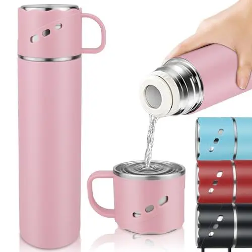 Produktbild: Thermoskanne mit Becher - Auslaufsicher Edelstahl Thermosflasche 550ml - Sechs Wände Vakuum Isolierflasche mit Becher und Griff - 12 H Heiß/12 H Kalt - Thermosbecher Unterwegs Rosa Für Kaffee & Tee