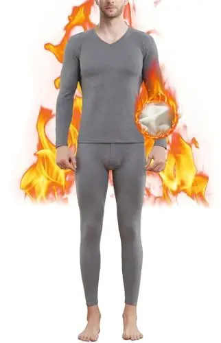Produktbild: Thermounterwäsche Herren, Warm Innenfleece Skiunterwäsche, Atmungsaktiv Funktionsunterwäsche, Winter Thermowäsche Set Langarm Unterhemd Thermounterhose für Laufen Skifahren Radfahren Light Gray-L