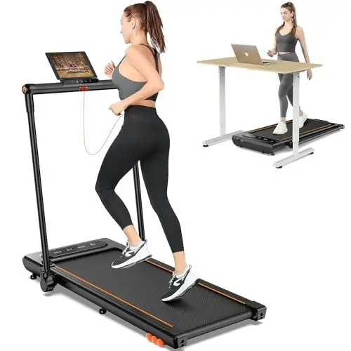 Produktbild: THERUN Laufband Klappbar für Zuhause bis 12km/h, 2 in 1 Walking Pad laufbänder mit Großer Lauffläche und Touchscreen-LED Anzeige, ‎ 2.5PS Leises Schreibtisch-Laufband für Büro (Glutorange)