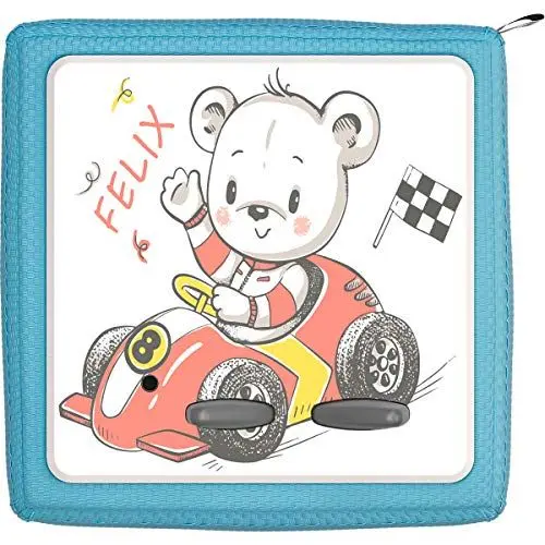 Produktbild: TheSmartGuard Schutzfolie passend für die Toniebox | Folie Sticker | Teddiebär fährt Rennauto mit Name personalisiert