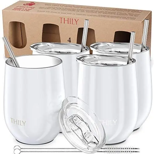Produktbild: THILY Edelstahl-isoliertes Weinglas – 4 Stück Stiellose Weingläser Set mit spritzwassergeschützten Deckeln, Metall-Trinkhalmen, wiederverwendbar, hält kalt für Kaffee, Getränke, Cocktails, Perlweiß